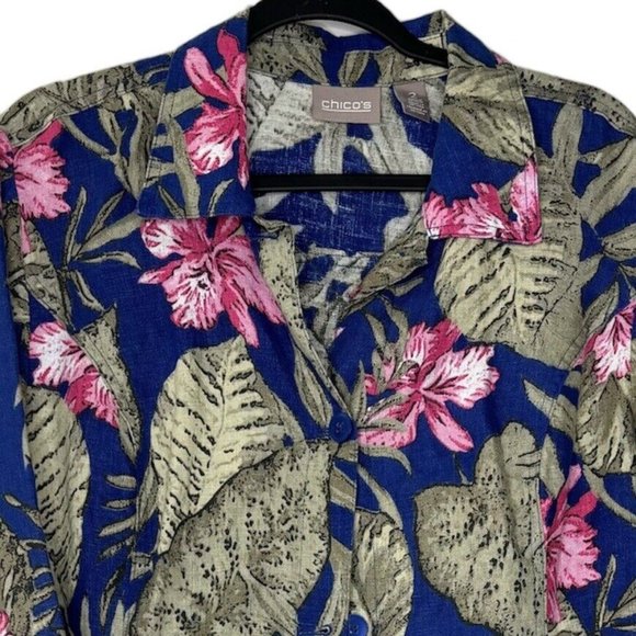 Chicos 100% Linen Lightweight Jacket (Size L) Tropical Print Button 3/4 Sleeve - Picture 2 of 8